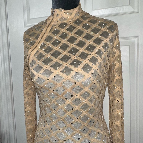 Elegant clear gem studded Long Sleeve shear Dress asymmetrical stylish zipper - Picture 4 of 13